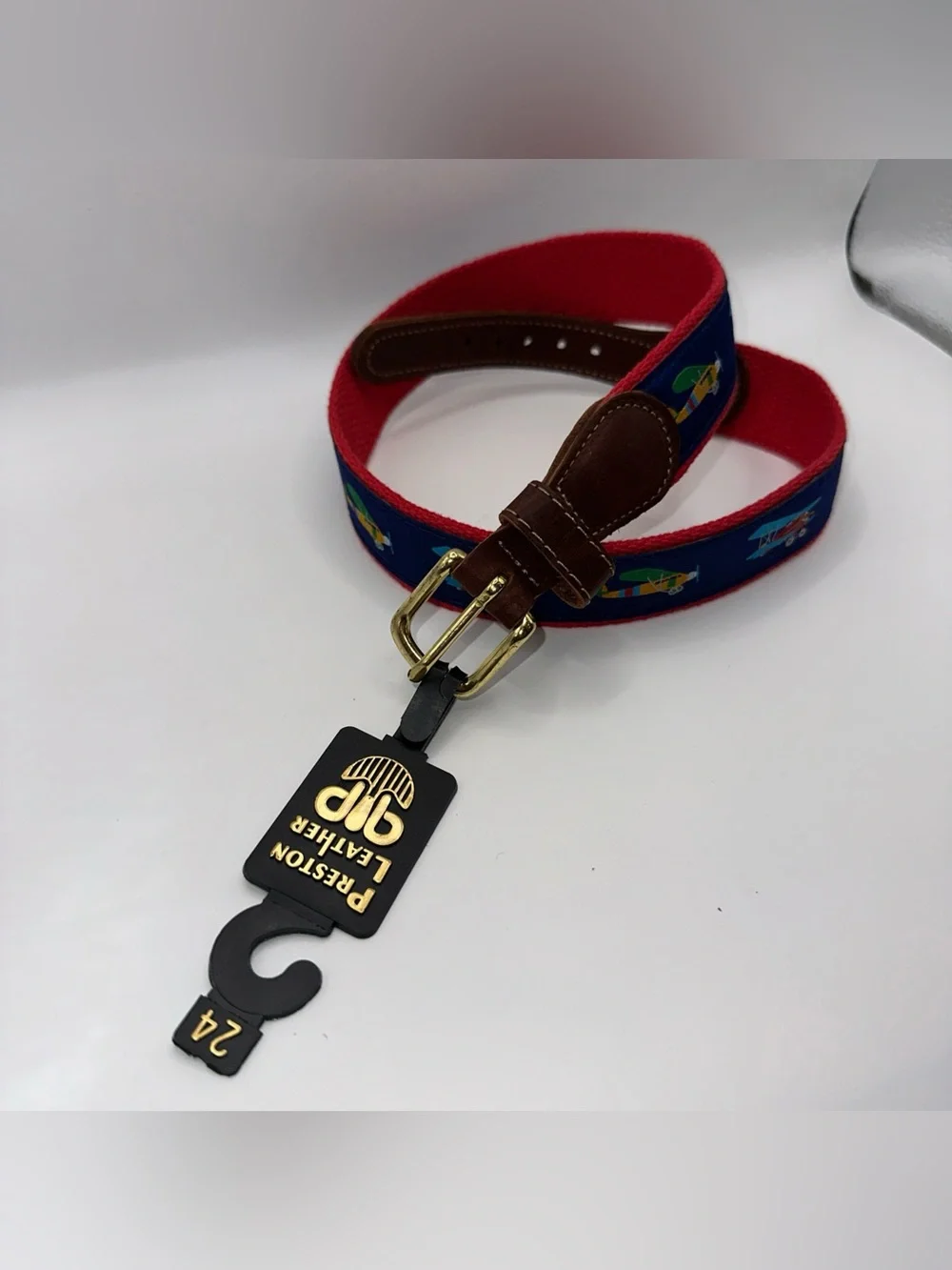 Preston Leather Plane Colorful Belt Solid Brass Buckle Kids Size 24 Made in USA
